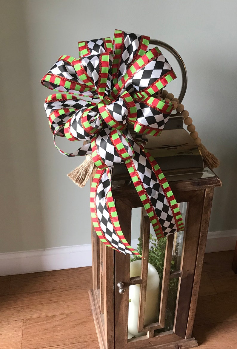 Harlequin Christmas Lantern Bow, Bright Green Harlequin Bow, Door