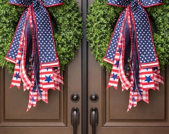 Large Patriotic Ribbon Bundle Bow, 4th of July Mailbox Bundle Bow, Americana Wreath Bow, July 4th Lantern Topper Bow, Red White Blue Decor