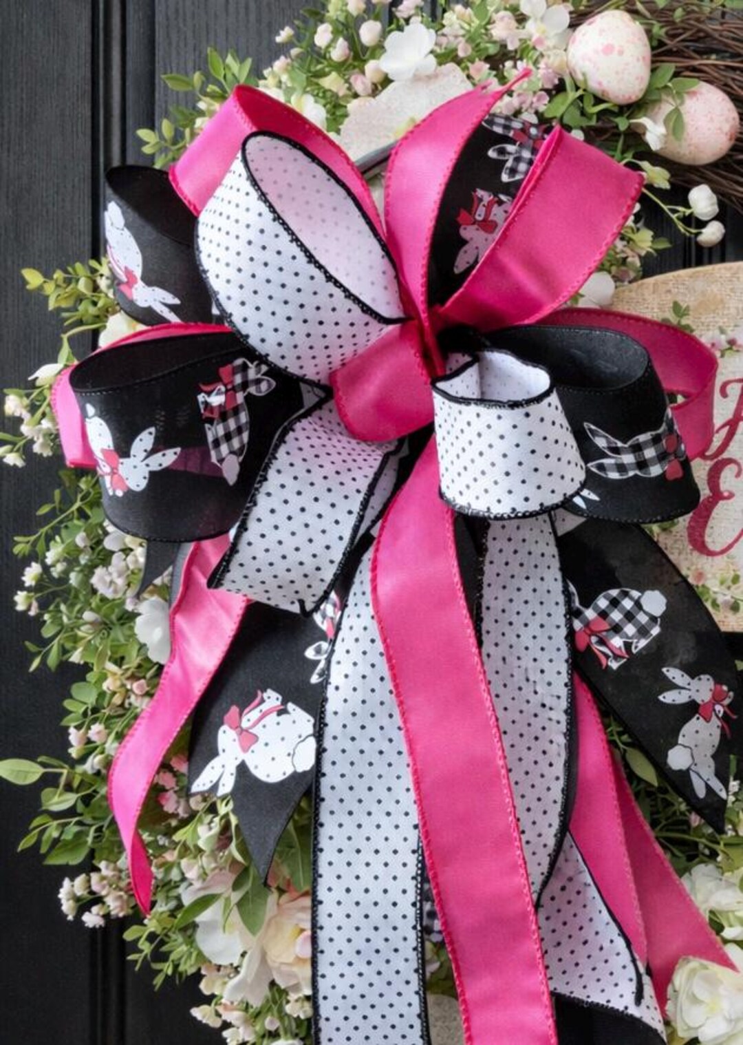 Easter Bunny Bow, Pink Black and White Spring Bow, Easter Wreath Bow ...