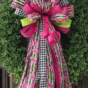 Large Pink Summer Wreath Bow, Pink & Black Stripe Designer Wreath Bow   Pink Lantern or Mailbox Bow