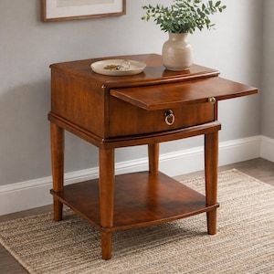 May include: A medium-brown wooden end table with four tapered legs, a lower shelf, and a single pull-out drawer featuring a gold-toned ring pull. The top surface holds a small beige ceramic dish and a light-colored vase with green foliage.