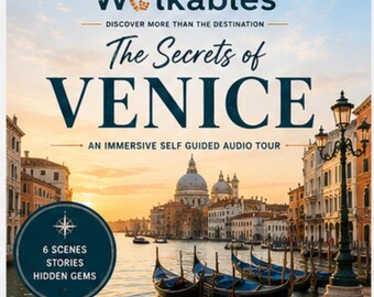 Puede incluir: Un gráfico digital para una audioguía autoguiada titulada Walkables: The Secrets of Venice. Muestra una vista al atardecer de los canales venecianos con góndolas, una gran cúpula y una farola. Texto: 6 Scenes, Stories, Hidden Gems, Walk, Listen, Discover.