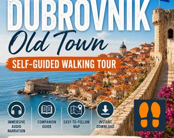 Puede incluir: Un gráfico digital para un recorrido a pie autoguiado por el casco antiguo de Dubrovnik. Muestra una vista costera con muros de piedra, tejados naranjas y la bandera croata. Los iconos representan narración de audio, guía y mapas.