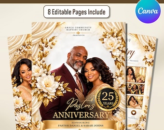 Pastor Anniversary Program Template, 8-Page Church Booklet (Canva Editable)