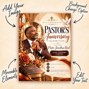 Puede incluir: Un folleto de celebración del aniversario de un pastor con un hombre en traje marrón, una Biblia y flores. El texto incluye: Join us as we celebrate our Pastor's Anniversary Celebration, Pastor Jonathan Reed, Faith, Leadership & Service, Sunday, October 18, 2026, 4:00 PM, New Grace Fellowship Church, 2450 Heritage Way, Charlotte, NC 28202, Reception to follow.