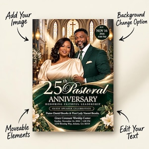 May include: A digital flyer template for a 25th Pastoral Anniversary featuring a couple in formal attire, church interior background, and text including Pastor Daniel Brooks & First Lady Naomi Brooks, Grace Covenant Worship Center, Nov 16, 2026.