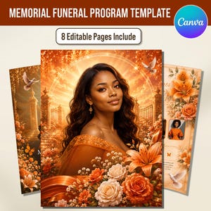 May include: A memorial funeral programme template featuring eight editable pages. The design displays a portrait of a person with long dark hair, surrounded by orange lilies, roses, and white doves against a golden, glowing gate background.
