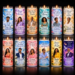 May include: A collection of twelve cylindrical memorial candles, each featuring a portrait of a person, decorative floral or celestial backgrounds, and personalized text including names and dates, all illuminated by a lit wick at the top.