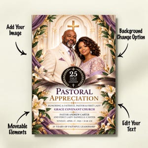 May include: A pastoral appreciation event flyer featuring a couple in formal attire, purple drapes, and white lilies. Text includes "25 Years of Faithful Leadership," "Pastoral Appreciation," "Grace Covenant Church," and "Pastor Andrew Carter and First Lady Danielle Carter."