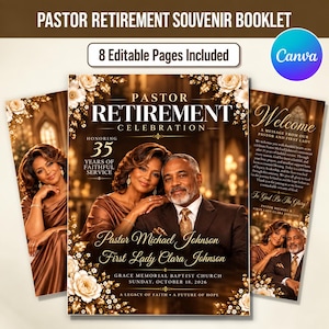May include: A pastor retirement souvenir booklet template featuring 8 editable pages. The cover displays a couple, Pastor Michael and First Lady Clara Johnson, with gold floral accents, text honoring 35 years of service, and a church background.
