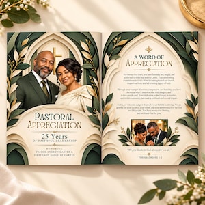 May include: A pastoral appreciation programme booklet featuring a portrait of a couple, gold text reading Pastoral Appreciation 25 Years of Faithful Leadership, and a word of appreciation message with a smaller photo of the couple and 1 Thessalonians 1:2.