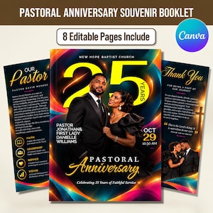 Op de afbeelding: Een sjabloon voor een pastoraal jubileumboekje met 8 bewerkbare pagina's. De omslag toont een man en vrouw in formele kleding, grote gele tekst met 25 YEARS en de tekst PASTORAL ANNIVERSARY, NEW HOPE BAPTIST CHURCH, OCT 29.