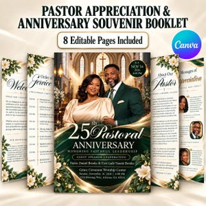 Puede incluir: Una plantilla de folleto de recuerdo para un 25 aniversario pastoral con 8 páginas editables. La portada muestra a un hombre y una mujer, detalles florales y texto que incluye a Pastor Daniel Brooks, First Lady Naomi Brooks y Grace Covenant Worship Center.