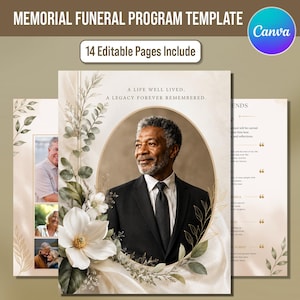 May include: A memorial funeral program template featuring 14 editable pages. The design includes a portrait of a person in a suit within an oval frame, decorated with white magnolia flowers and green leaves, with the text A LIFE WELL LIVED, A LEGACY FOREVER REMEMBERED.