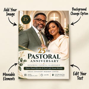 May include: A 25th pastoral anniversary event flyer template featuring a man in a green suit and a woman in a cream dress. Text includes 25th PASTORAL ANNIVERSARY, HONORING FAITHFUL LEADERSHIP, Pastor Daniel Brooks & First Lady Naomi Brooks, and event details.