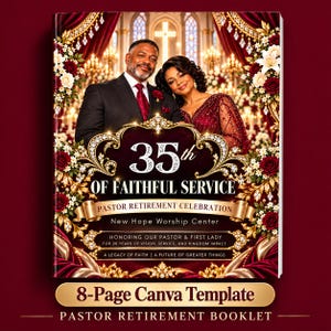 Puede incluir: Una plantilla de folleto de jubilación pastoral con una pareja en traje formal frente a una iglesia, cortinas rojas, filigrana dorada y rosas. El texto dice: 35th OF FAITHFUL SERVICE, PASTOR RETIREMENT CELEBRATION, New Hope Worship Center.