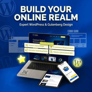 May include: A laptop, tablet, and smartphone displaying a website titled Cosmos Digital Solutions. The screen shows services including Custom Theme Design, E-commerce, Elementor/Gutenberg Builds, and SEO. Text reads BUILD YOUR ONLINE REALM.