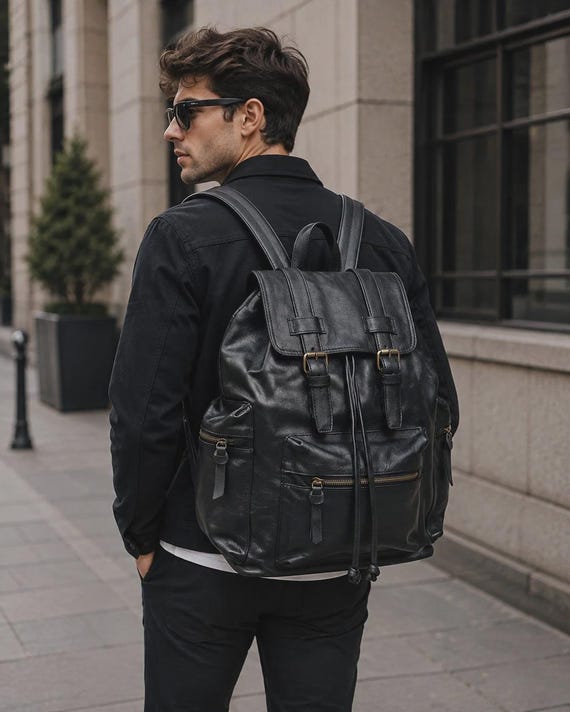 Unisex Genuine Sheepskin Leather Backpack, Black Multi-Pocket Rucksack