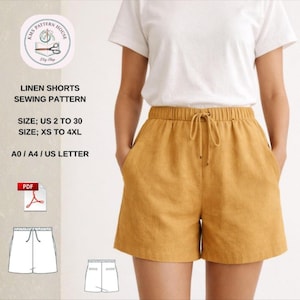 Könnte beinhalten: Ein digitales Schnittmuster für Leinenshorts, das eine senfgelbe Shorts mit elastischem Bund und Kordelzug zeigt. Der Text lautet: KMS PATTERN HOUSE, LINEN SHORTS SEWING PATTERN, SIZE; US 2 TO 30, SIZE; XS TO 4XL, A0 / A4 / US LETTER.
