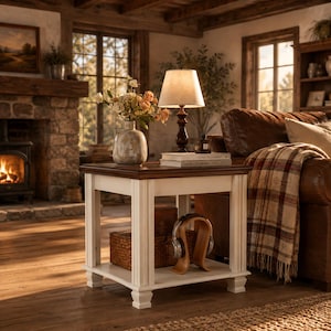 May include: A square end table with a dark wood top and white base featuring a lower shelf. On the table sits a lamp with a beige shade, a vase with flowers, and books. The lower shelf holds a woven basket and a wooden headphone stand.