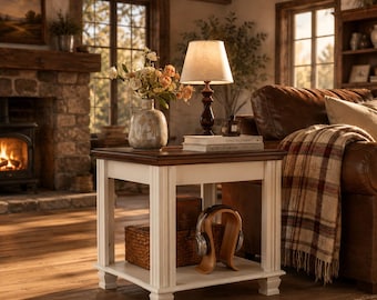 Farmhouse End Table | Two Tier Square Side Table with Storage Shelf | Wood Top Nightstand | Living Room Bedroom Accent Table