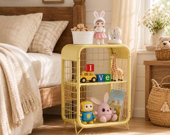 2-Tier Metal Storage Shelf for Bedroom  Kids Room | Wire Mesh Open Nightstand | Retro Basket Cart Side Table | Gift for her
