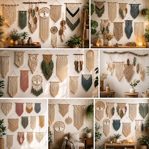 An advertisement for "Large Macramé Patterns" featuring a badge that reads "12 Large-Scale Macramé Projects." The text lists "Statement Wall Art, Headboards, Backdrops, Plant Hangers." Six photo panels demonstrate the finished work: a large woven wall hanging above a bed, a fringed tapestry over a sofa, a wedding arch backdrop decorated with flowers, a hanging plant holder, an intricate three-panel room divider screen, and a curved, layered bohemian statement wall piece.