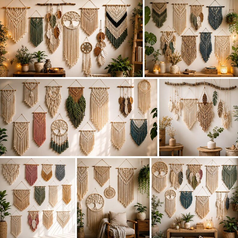 An advertisement for "Large Macramé Patterns" featuring a badge that reads "12 Large-Scale Macramé Projects." The text lists "Statement Wall Art, Headboards, Backdrops, Plant Hangers." Six photo panels demonstrate the finished work: a large woven wall hanging above a bed, a fringed tapestry over a sofa, a wedding arch backdrop decorated with flowers, a hanging plant holder, an intricate three-panel room divider screen, and a curved, layered bohemian statement wall piece.