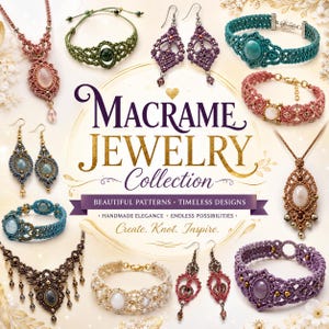 May include: A collection of macrame jewelry including necklaces, bracelets, and earrings featuring various knotted patterns, gemstone accents, and metallic hardware. The central text reads Macrame Jewelry Collection, Beautiful Patterns, Timeless Designs.