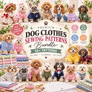 Può includere: Un pacchetto di download digitale di cartamodelli per abbigliamento per cani, contenente oltre 50 design per varie razze e taglie. L'immagine mostra diversi cani che indossano vari outfit, tra cui vestiti, cappotti, felpe e maglioni.
