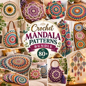 May include: A collection of crochet mandala patterns featuring various items including a sunflower wall hanging, a tote bag, a throw blanket, pillows, a scarf, and coasters, with the text Crochet MANDALA PATTERNS BUNDLE 80+ in the center.