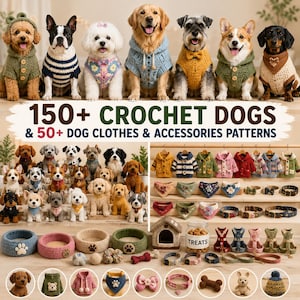 Può includere: Una collezione di schemi all'uncinetto per cani con oltre 150 figure di cani e oltre 50 modelli di abbigliamento e accessori. L'immagine mostra vari cani che indossano maglioni, bandane e fiocchi, insieme a scaffali di articoli in miniatura.