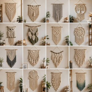 A grid collage displaying a large collection of handmade bohemian macramé wall hangings. The various panels showcase different woven designs, including intricate geometric tapestries, fringed diamond patterns, woven feathers or leaves in green, brown, and pink tones, and circular Tree of Life designs. Some pieces are suspended from wooden dowels or rustic branches. The items are arranged decoratively across neutral walls above indoor furniture, candles, and potted plants.