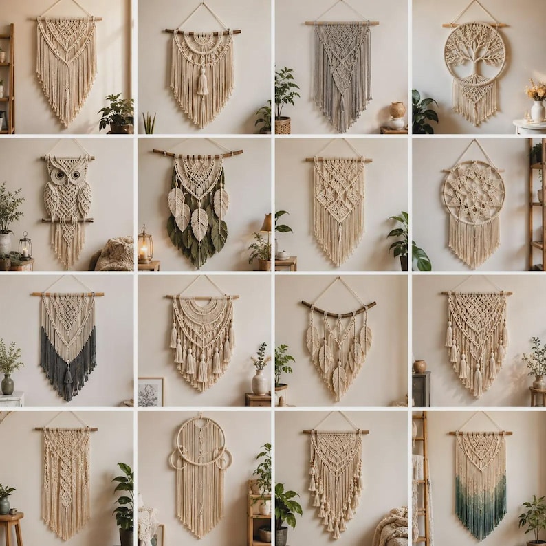 A grid collage displaying a large collection of handmade bohemian macramé wall hangings. The various panels showcase different woven designs, including intricate geometric tapestries, fringed diamond patterns, woven feathers or leaves in green, brown, and pink tones, and circular Tree of Life designs. Some pieces are suspended from wooden dowels or rustic branches. The items are arranged decoratively across neutral walls above indoor furniture, candles, and potted plants.