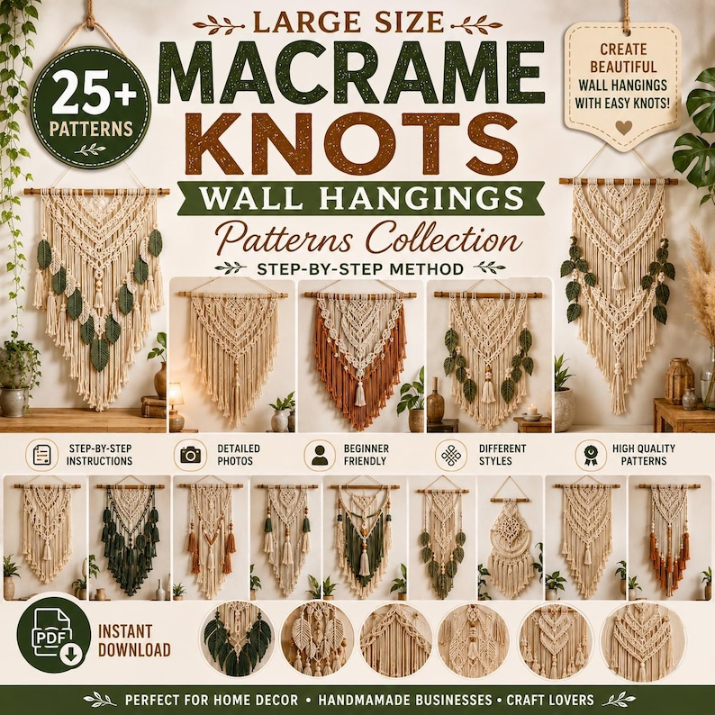 A grid collage displaying a large collection of handmade bohemian macramé wall hangings. The various panels showcase different woven designs, including intricate geometric tapestries, fringed diamond patterns, woven feathers or leaves in green, brown, and pink tones, and circular Tree of Life designs. Some pieces are suspended from wooden dowels or rustic branches. The items are arranged decoratively across neutral walls above indoor furniture, candles, and potted plants.