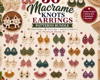 Paquete de más de 30 patrones de pendientes de macramé, tutorial de joyería tejida, aro con flecos, plumas y hojas, nudo para principiantes