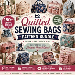 150+ Bag Sewing Pattern Bundle , Quilted Tote Zipper Pouch ,Handbag Makeup Wallet,  Patchwork Template