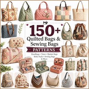 150+ Bag Sewing Pattern Bundle , Quilted Tote Zipper Pouch ,Handbag Makeup Wallet,  Patchwork Template