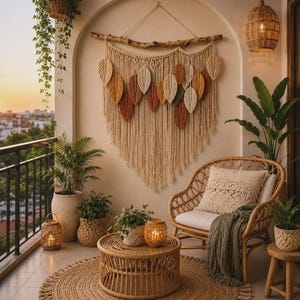 A grid collage displaying a large collection of handmade bohemian macramé wall hangings. The various panels showcase different woven designs, including intricate geometric tapestries, fringed diamond patterns, woven feathers or leaves in green, brown, and pink tones, and circular Tree of Life designs. Some pieces are suspended from wooden dowels or rustic branches. The items are arranged decoratively across neutral walls above indoor furniture, candles, and potted plants.