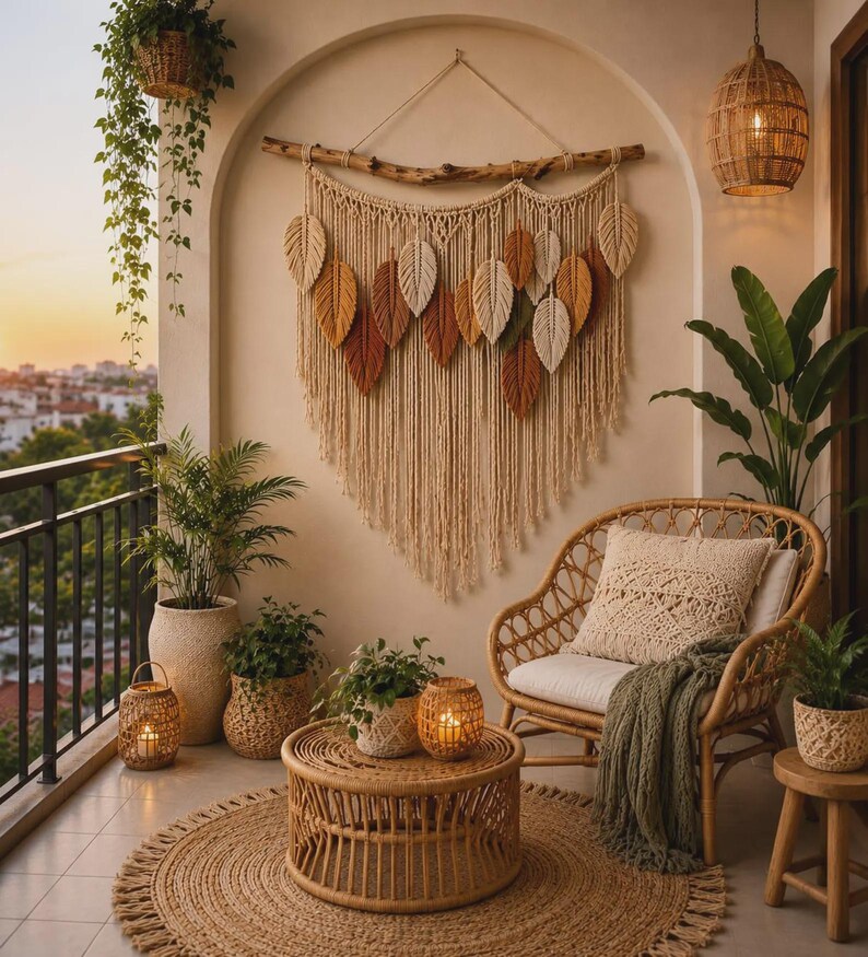 A grid collage displaying a large collection of handmade bohemian macramé wall hangings. The various panels showcase different woven designs, including intricate geometric tapestries, fringed diamond patterns, woven feathers or leaves in green, brown, and pink tones, and circular Tree of Life designs. Some pieces are suspended from wooden dowels or rustic branches. The items are arranged decoratively across neutral walls above indoor furniture, candles, and potted plants.