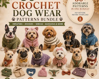 Paquete de más de 30 patrones de suéteres de ganchillo para perros, gorros, pañuelos y pajaritas para perros, ropa para mascotas y cachorros.