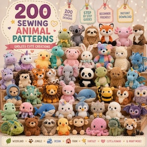 200+ Animal Plush Sewing Pattern Bundle , Toy Memory Bear, Fox Elephant Plushie, Craft Baby