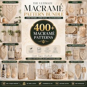 400+ Macrame Pattern Bundle, Wall Hanging Plant Hanger Bag, Modern Knotted Bracelet Earring Tutorial,