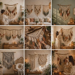 A grid collage displaying a large collection of handmade bohemian macramé wall hangings. The various panels showcase different woven designs, including intricate geometric tapestries, fringed diamond patterns, woven feathers or leaves in green, brown, and pink tones, and circular Tree of Life designs. Some pieces are suspended from wooden dowels or rustic branches. The items are arranged decoratively across neutral walls above indoor furniture, candles, and potted plants.