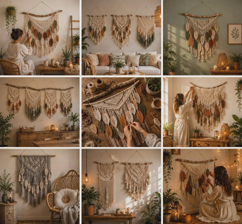 A grid collage displaying a large collection of handmade bohemian macramé wall hangings. The various panels showcase different woven designs, including intricate geometric tapestries, fringed diamond patterns, woven feathers or leaves in green, brown, and pink tones, and circular Tree of Life designs. Some pieces are suspended from wooden dowels or rustic branches. The items are arranged decoratively across neutral walls above indoor furniture, candles, and potted plants.