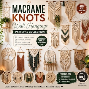 A grid collage displaying a large collection of handmade bohemian macramé wall hangings. The various panels showcase different woven designs, including intricate geometric tapestries, fringed diamond patterns, woven feathers or leaves in green, brown, and pink tones, and circular Tree of Life designs. Some pieces are suspended from wooden dowels or rustic branches. The items are arranged decoratively across neutral walls above indoor furniture, candles, and potted plants.