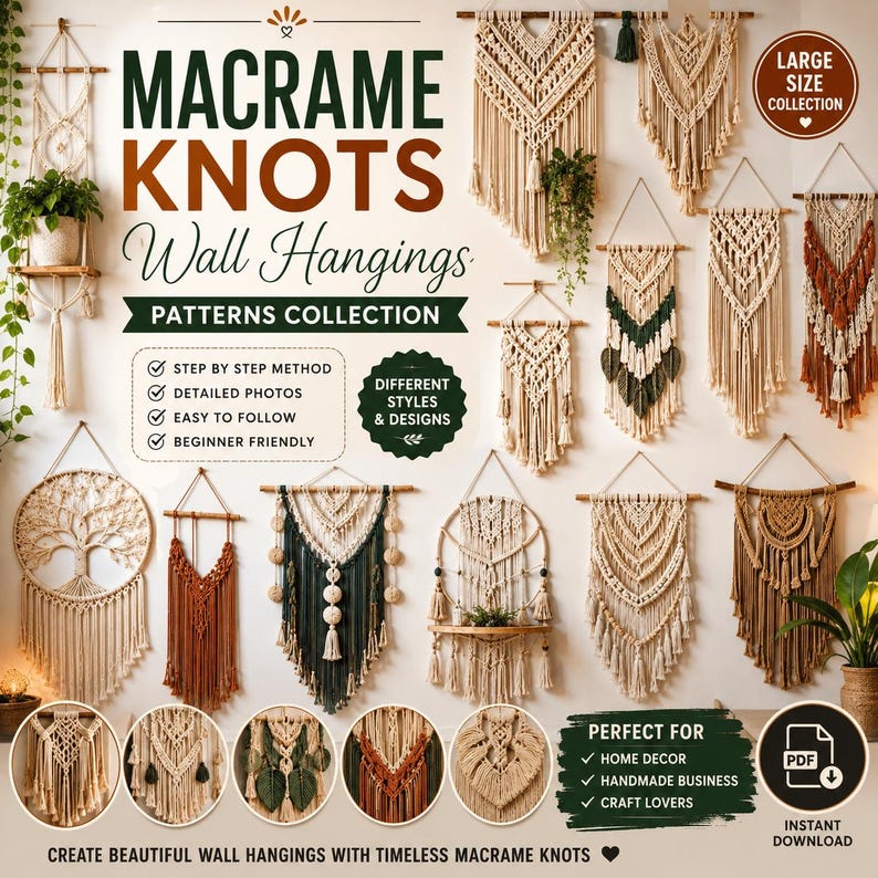 A grid collage displaying a large collection of handmade bohemian macramé wall hangings. The various panels showcase different woven designs, including intricate geometric tapestries, fringed diamond patterns, woven feathers or leaves in green, brown, and pink tones, and circular Tree of Life designs. Some pieces are suspended from wooden dowels or rustic branches. The items are arranged decoratively across neutral walls above indoor furniture, candles, and potted plants.