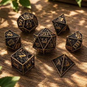 May include: A set of seven polyhedral dice featuring an intricate black metal spiderweb lattice design with raised gold-colored numbers. The collection includes a d20, d12, d10, d8, d6, d4, and a percentile die, all showcasing detailed spider motifs.