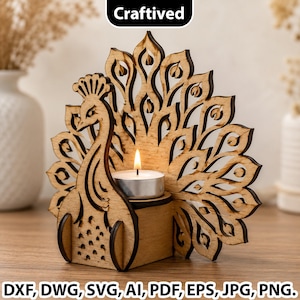 May include: A laser-cut wooden peacock candle holder featuring an intricate fan-shaped tail with cutout details. The peacock stands on a rectangular base with a circular slot holding a small white tea light candle. The text Craftived is visible.