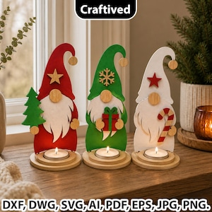 May include: Three wooden gnome candle holders featuring red, green, and white painted finishes. Each gnome has a white beard, a round nose, and a circular base for a tea light. Accessories include a star, snowflake, tree, gift, and candy cane.